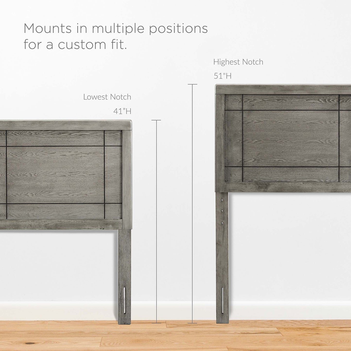 Grey distressed wood twin headboard with adjustable mounting notches for a custom fit; height adjustable from 41 to 51 inches.