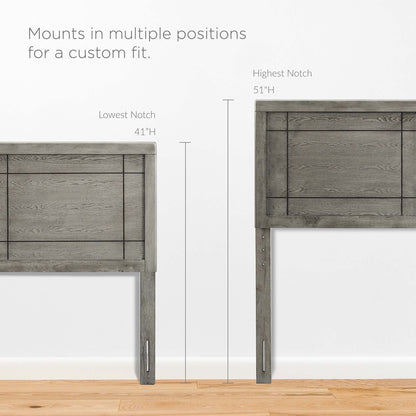 Grey distressed wood twin headboard with adjustable mounting notches for a custom fit; height adjustable from 41 to 51 inches.