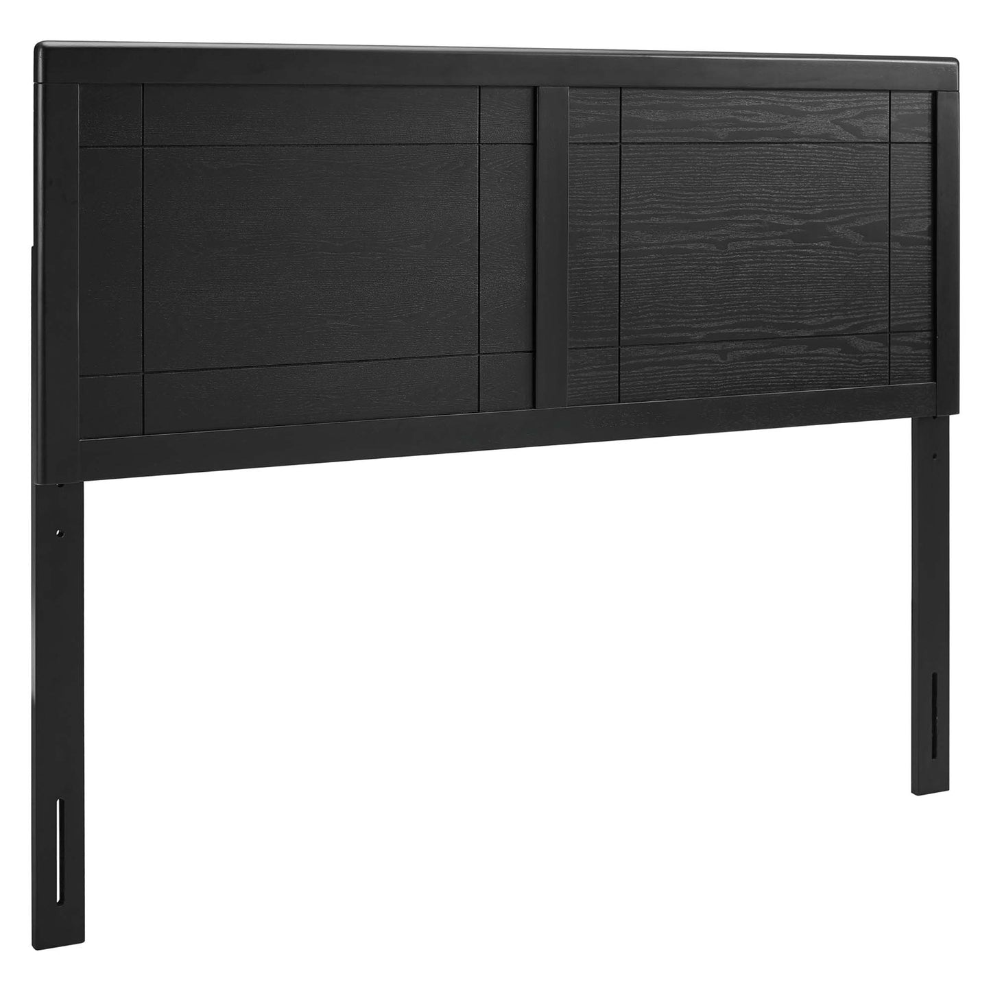 Black wood headboard with paneled front, two tall supports, modern grid lines and wood-grain detail on right panel.