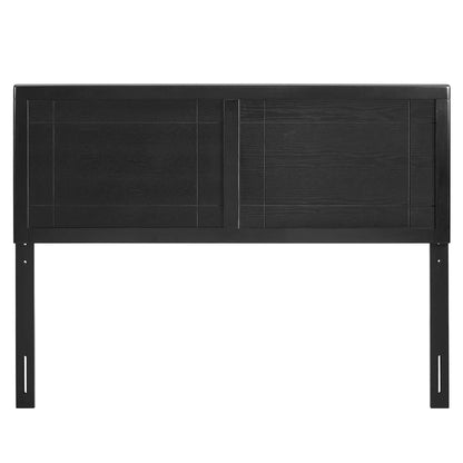 Black wooden headboard with a paneled design and two mounting legs for a bed frame.