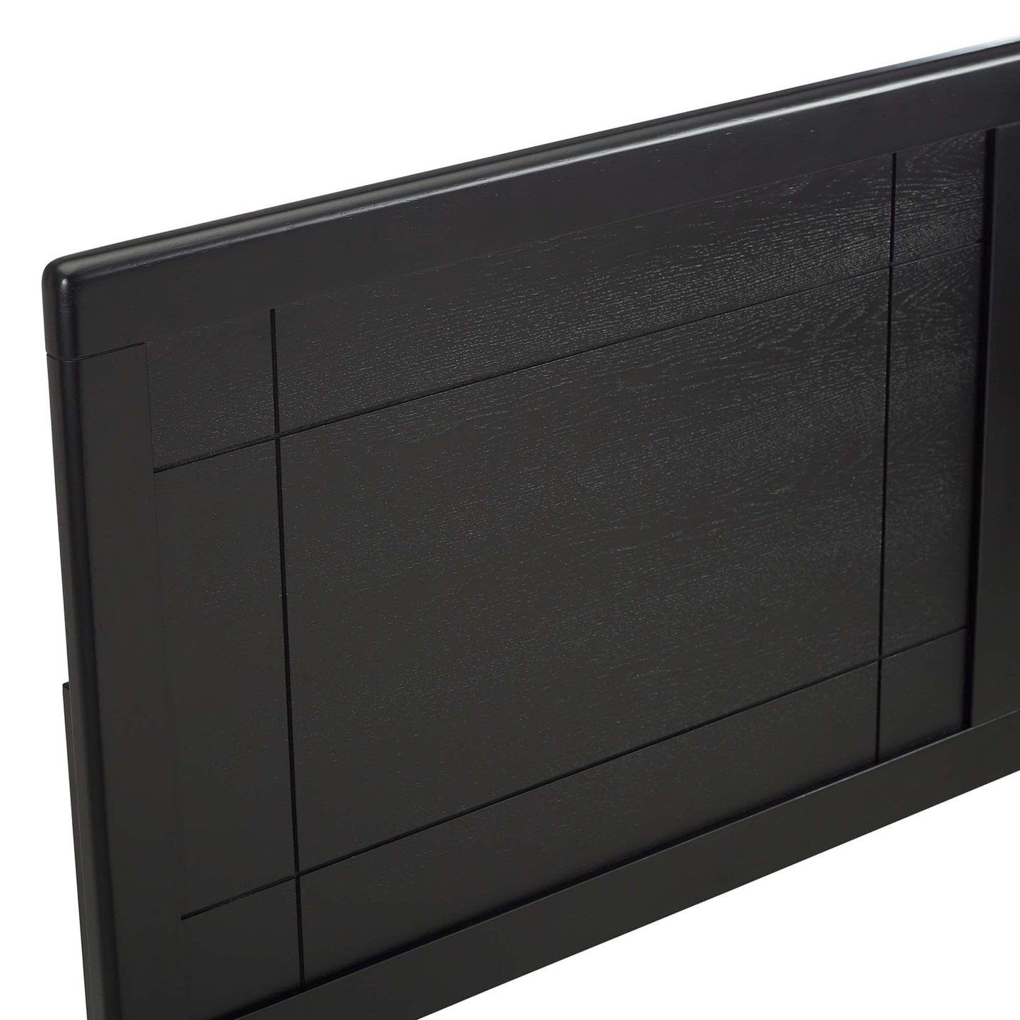 Black wood-look king headboard with inset rectangular panels and subtle grain