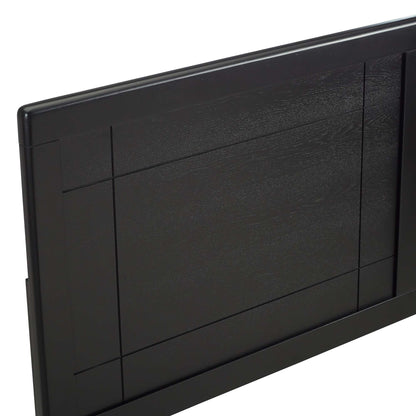 Black wood-look king headboard with inset rectangular panels and subtle grain