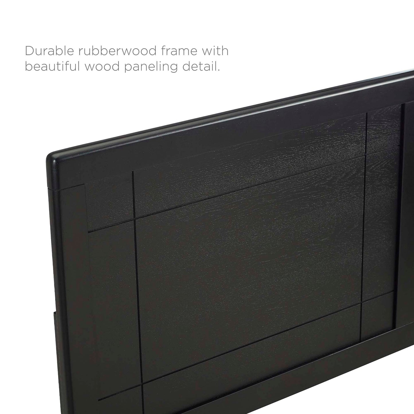 Black rubberwood headboard with paneled wood detailing and clean rectangular panels.