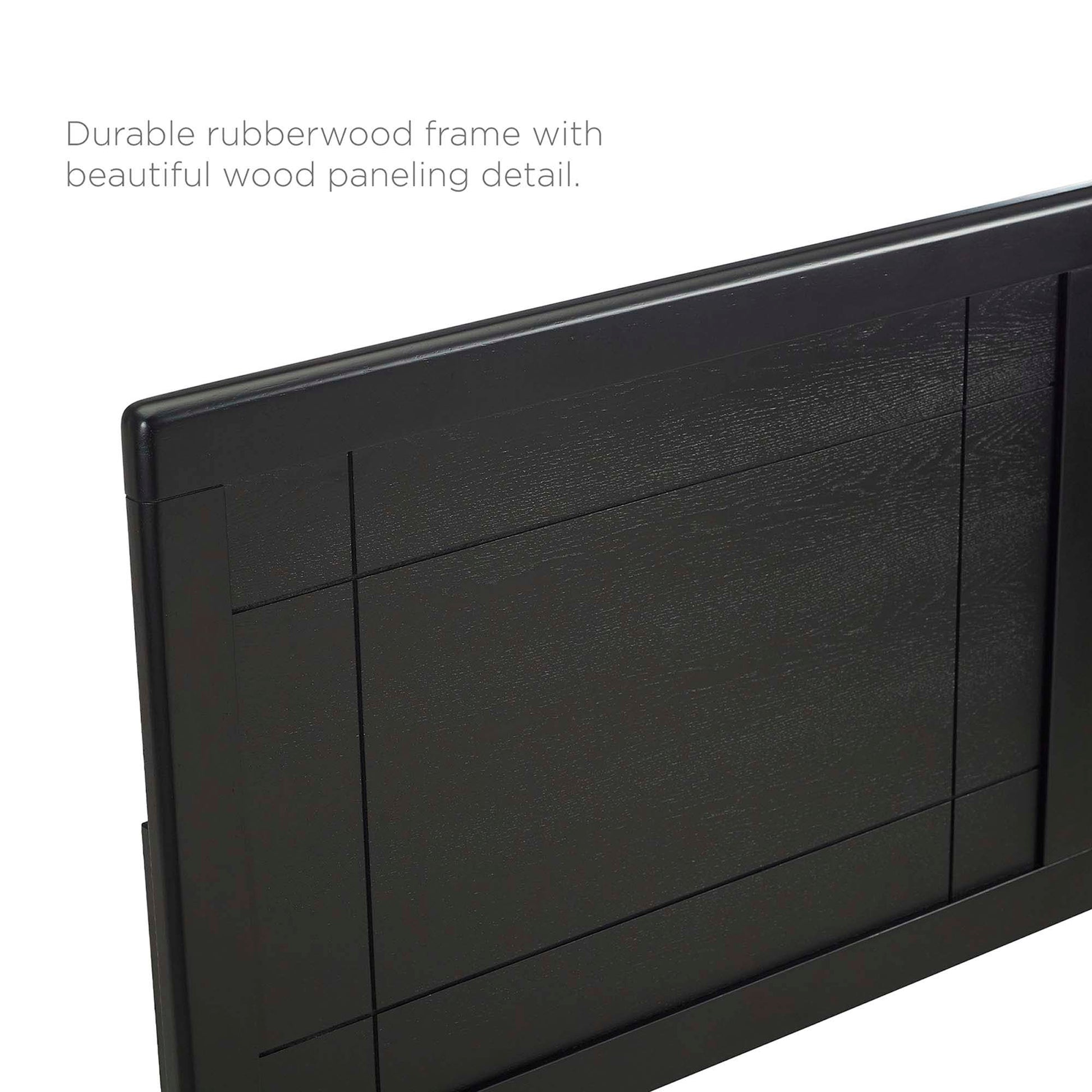 Black rubberwood headboard with paneled wood detailing and clean rectangular panels.