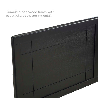 Black rubberwood headboard with paneled wood detailing and clean rectangular panels.