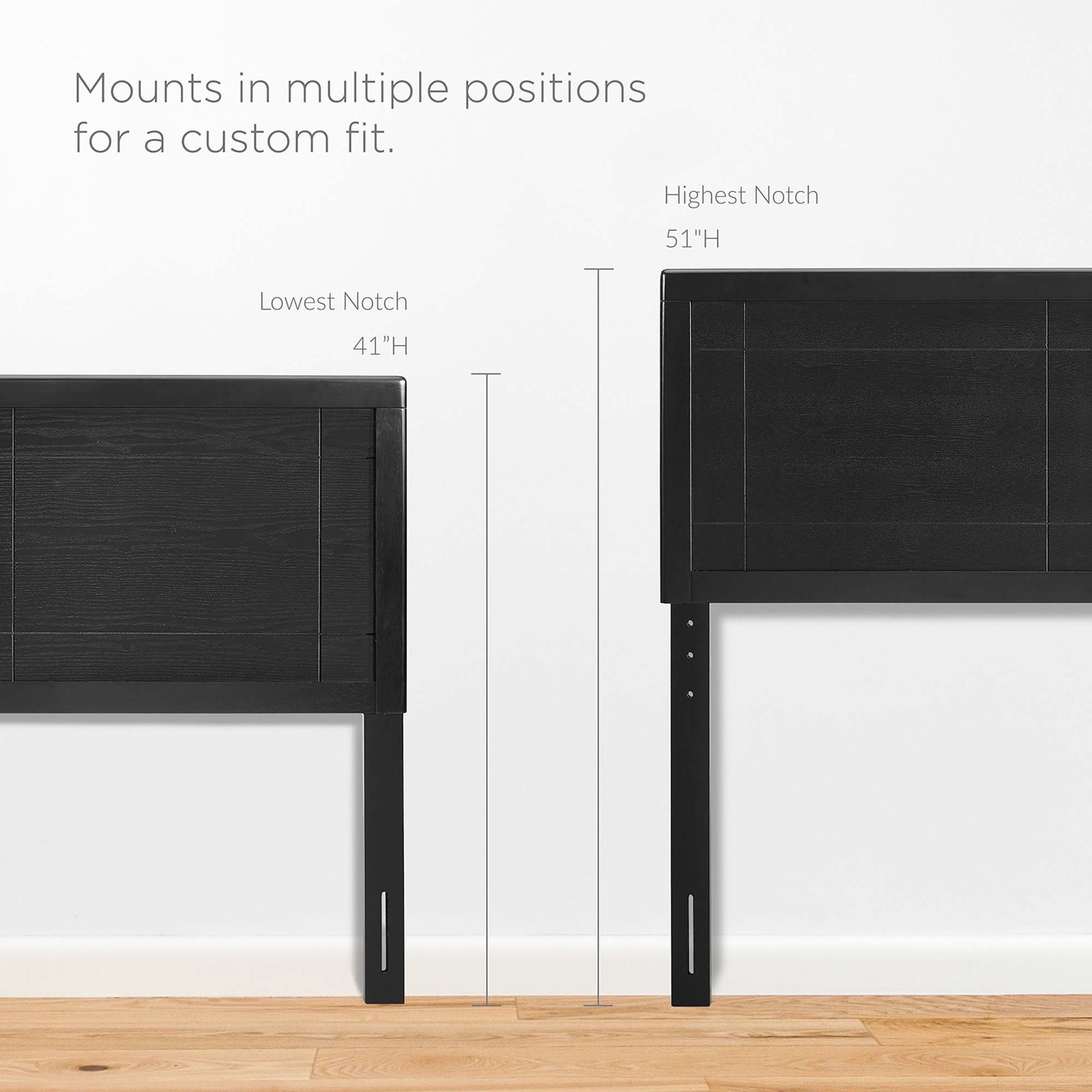 Two black wooden bed headboards with adjustable legs, one 41H and the other 51H, in a modern minimalist style.