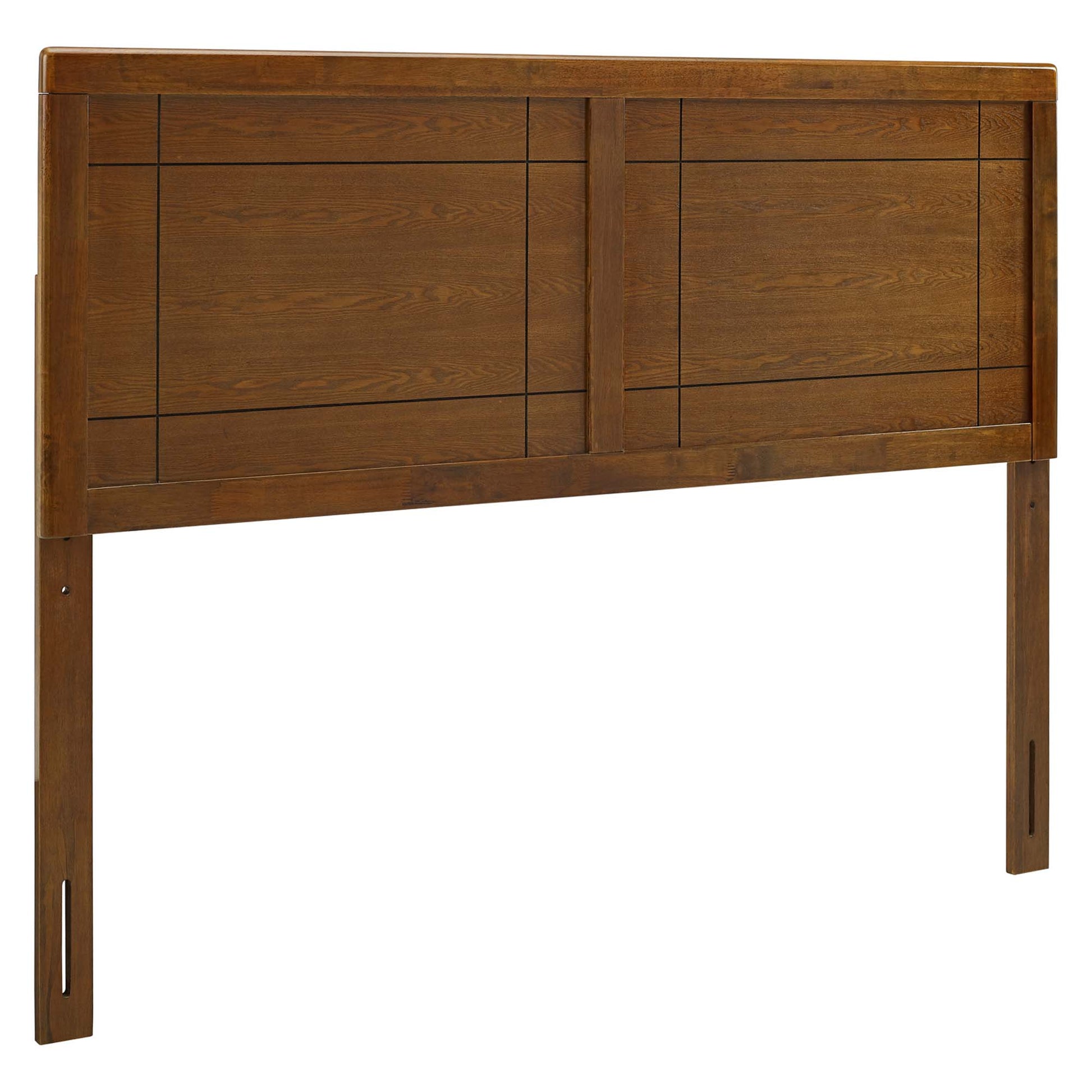 Walnut wood headboard with geometric paneling in a mid-century modern design.