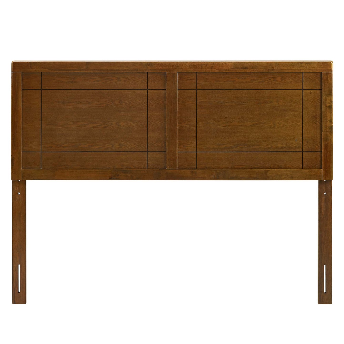 Walnut-finish wooden headboard with paneled sections and a central vertical divider, mounted on two posts for a bed frame.