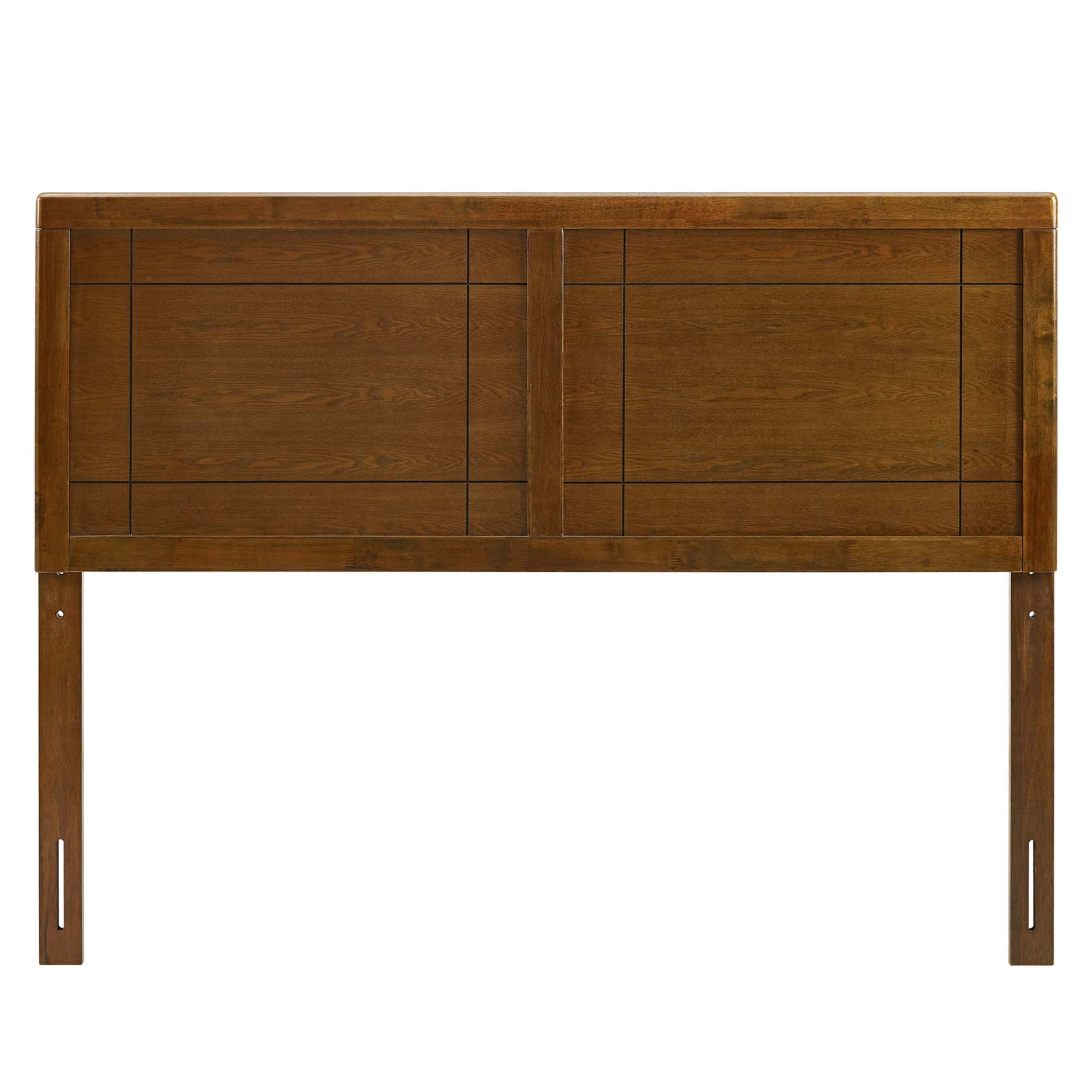 Walnut-finish wooden headboard with paneled sections and a central vertical divider, mounted on two posts for a bed frame.