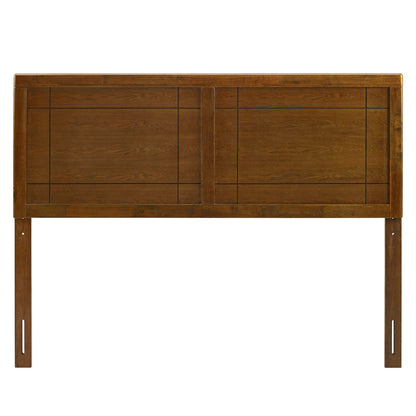 Walnut-finish wooden headboard with paneled sections and a central vertical divider, mounted on two posts for a bed frame.