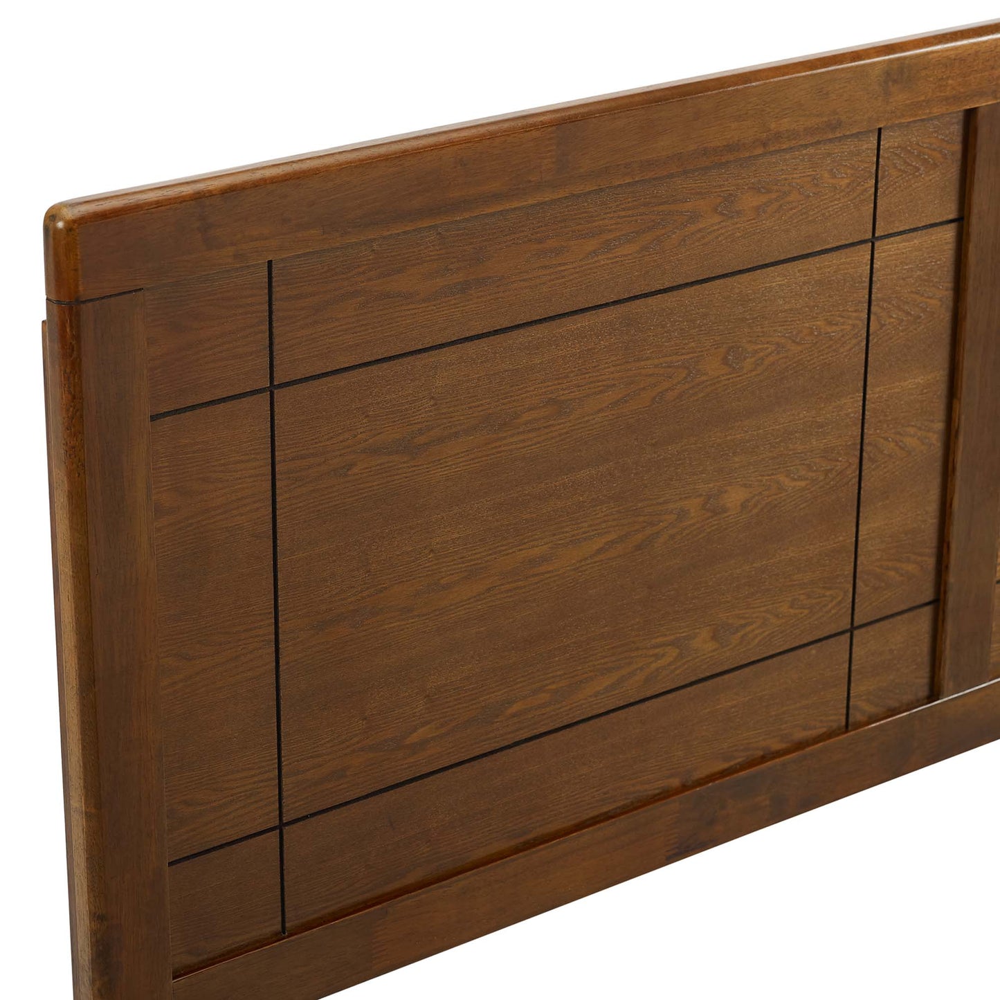 Walnut-finish wooden headboard panel with grid inset lines and a thick frame.