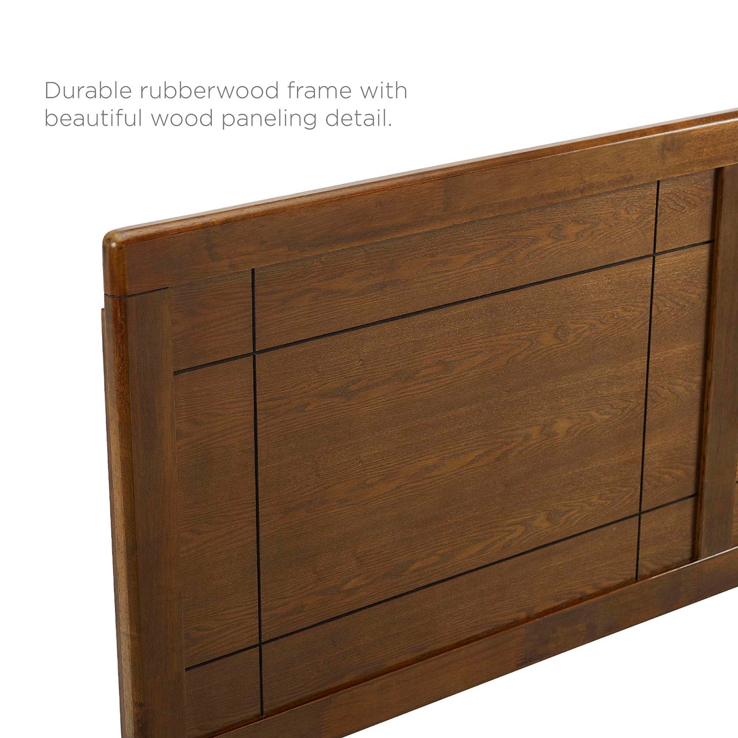 Walnut-finished rubberwood headboard with paneled grid design and rounded frame.