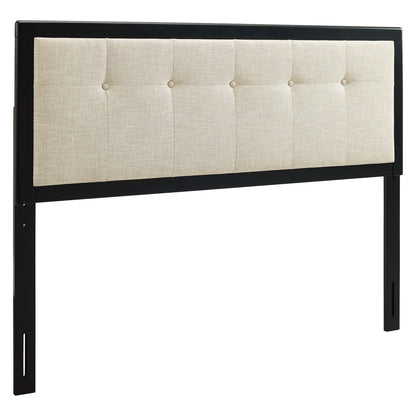 Brown wood-framed king headboard with a beige tufted fabric panel.