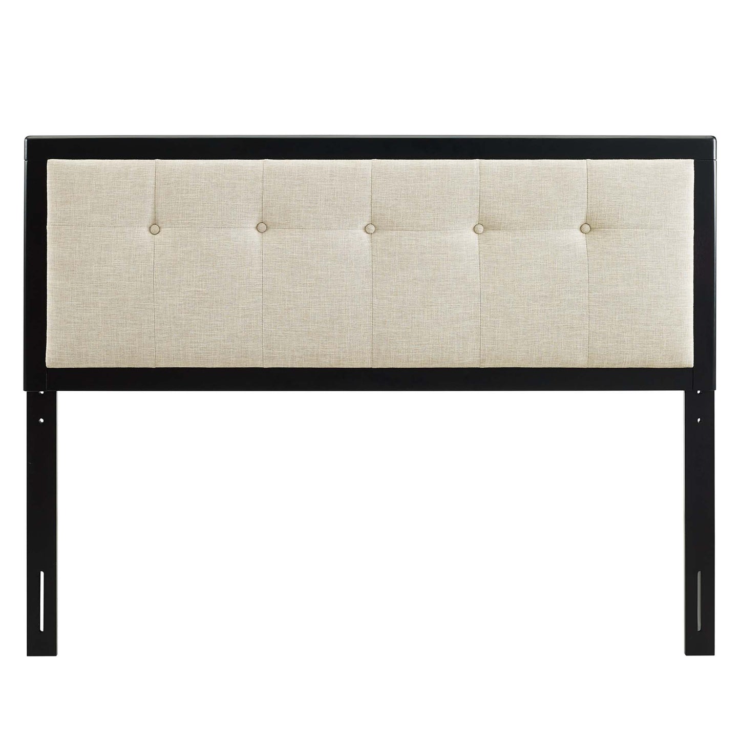 Brown wood king headboard with beige tufted fabric panel and button accents.