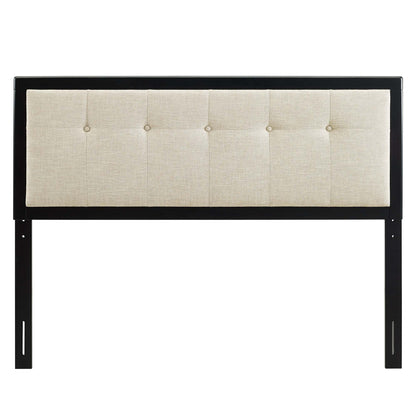 Brown wood king headboard with beige tufted fabric panel and button accents.