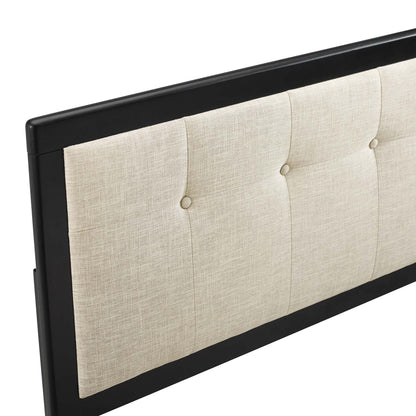 Black-framed king headboard with beige linen upholstery and button-tufted panels.