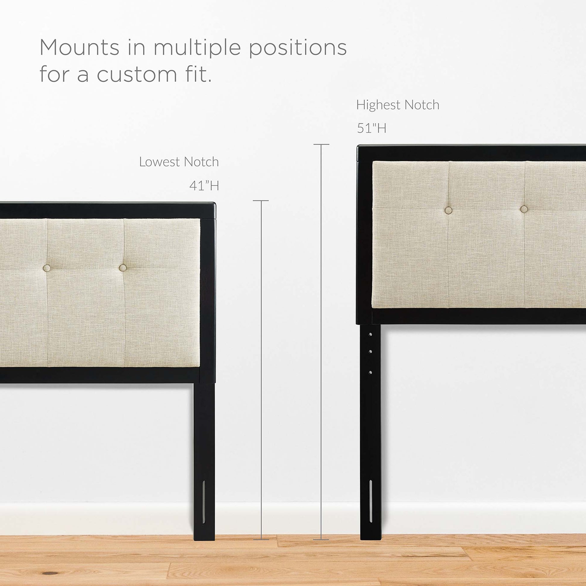King headboard with tufted beige fabric and wood frame; height adjustable from 41 to 51 inches.