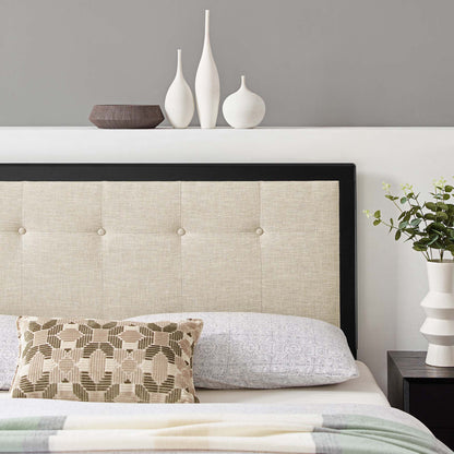Beige tufted headboard with black frame, beige bedding and geometric pillow; white vases, dark bowl on shelf.