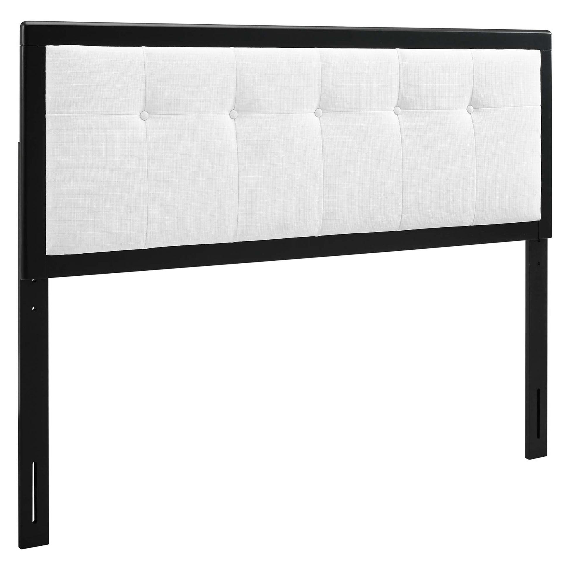 White tufted fabric panel on a wood headboard; rectangular, modern king headboard.