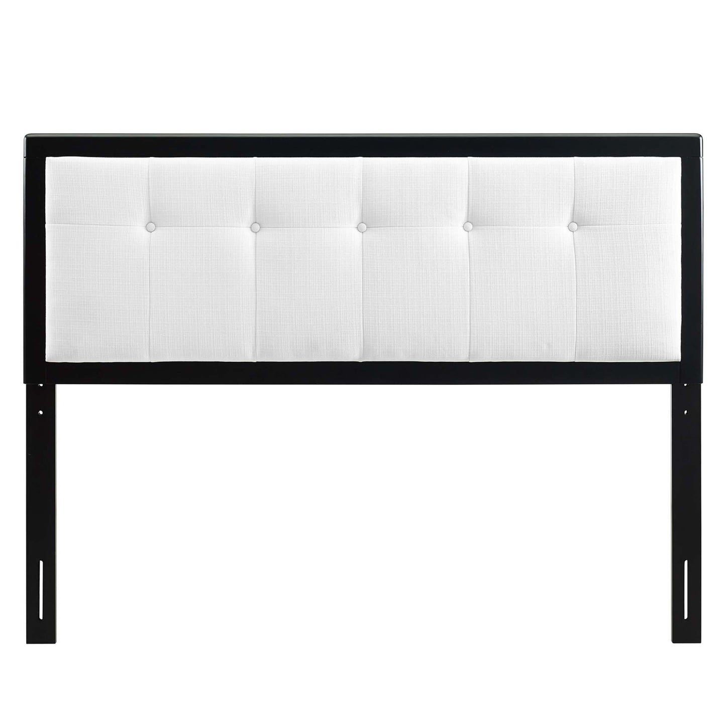 White tufted fabric and wood king headboard with vertical mounting posts.