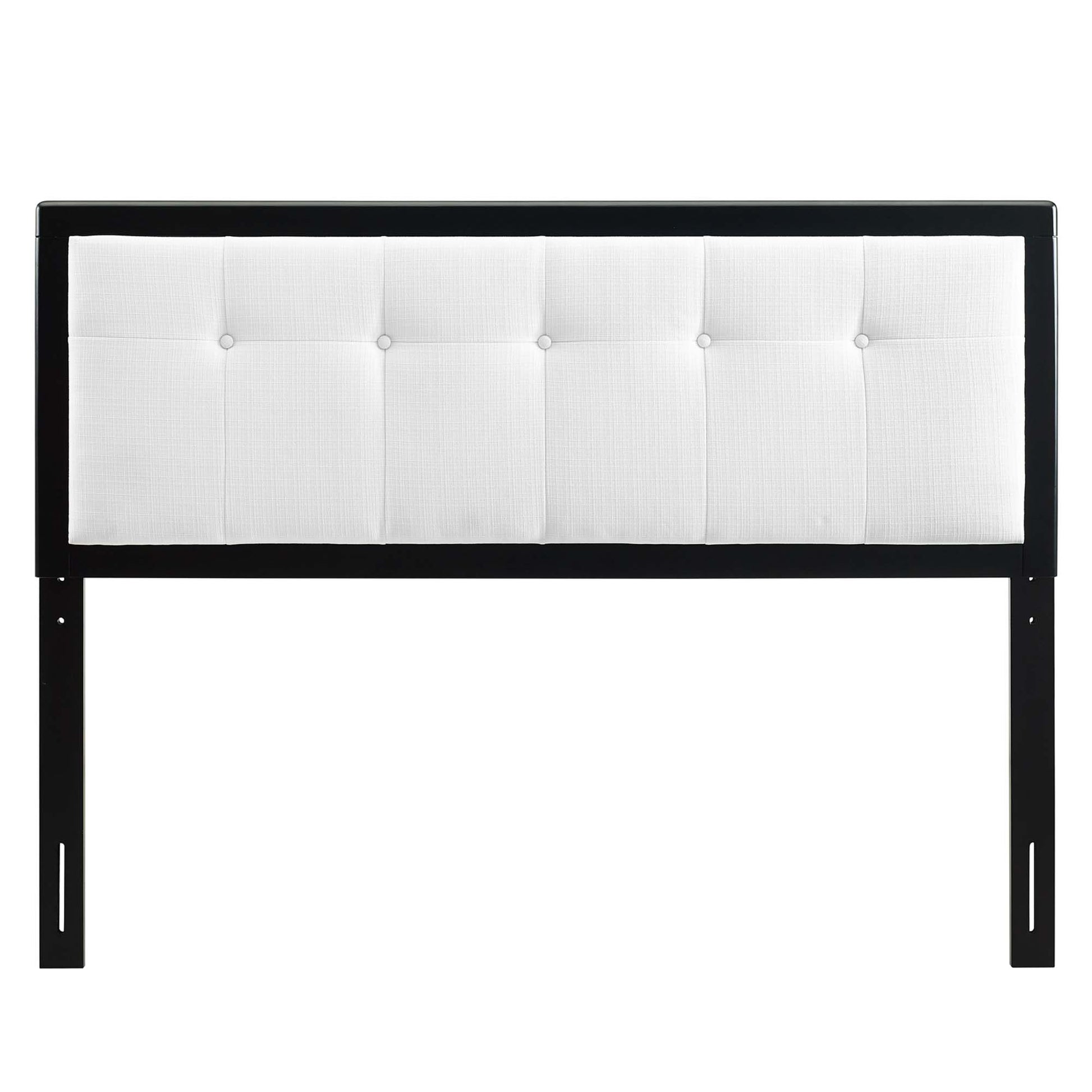White tufted fabric and wood king headboard with vertical mounting posts.