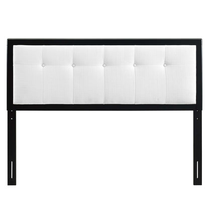 White tufted fabric and wood king headboard with vertical mounting posts.