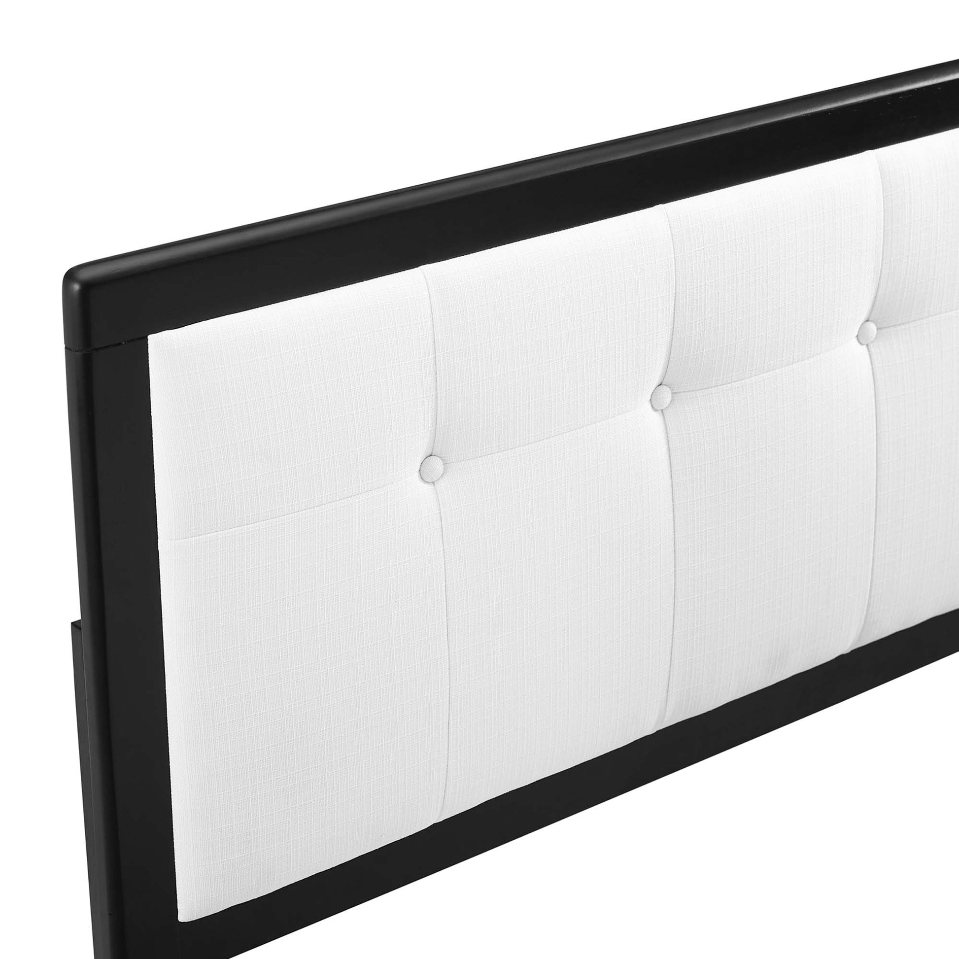 Black-framed headboard with white tufted upholstery, modern rectangular design.