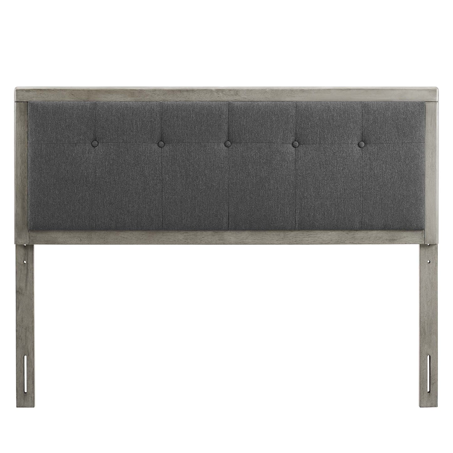 King headboard, gray charcoal upholstered with a button-tufted panel, wood frame and tall legs.