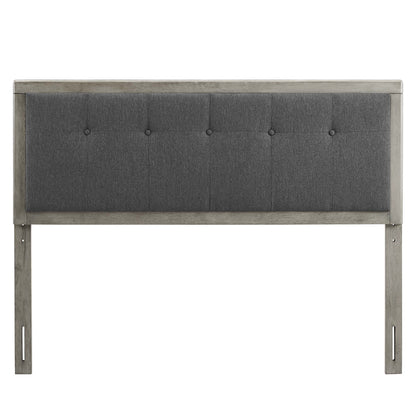 King headboard, gray charcoal upholstered with a button-tufted panel, wood frame and tall legs.