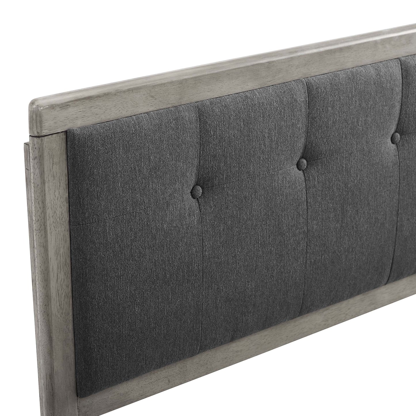 Gray tufted fabric headboard with distressed light-gray wooden frame and three-button accents.