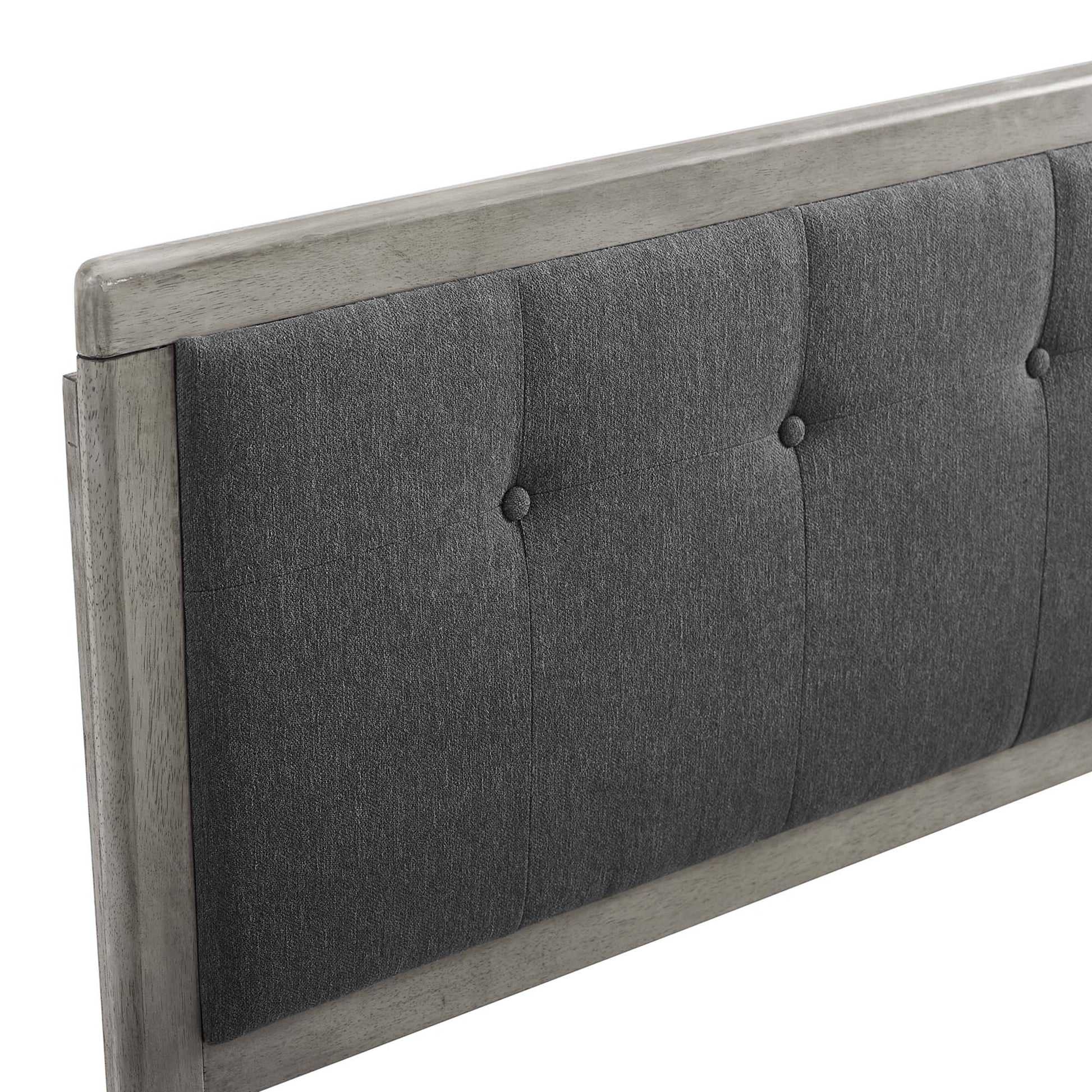 Gray tufted fabric headboard with distressed light-gray wooden frame and three-button accents.