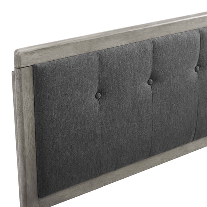 Gray tufted fabric headboard with distressed light-gray wooden frame and three-button accents.