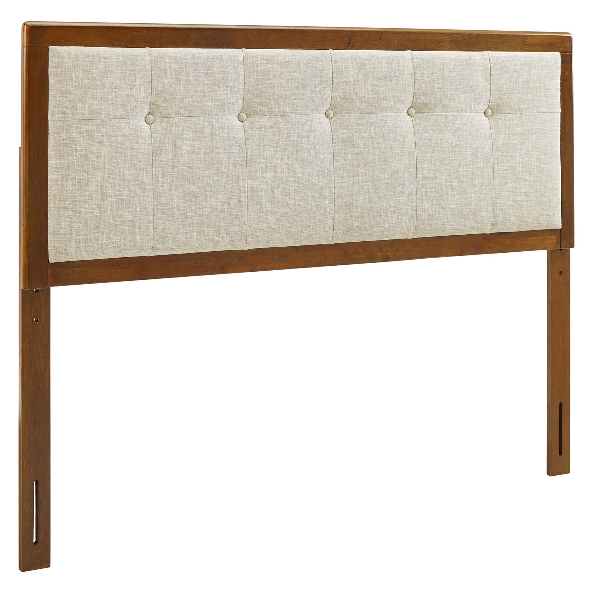 Walnut-finish wooden headboard with beige button-tufted upholstered panel, rectangular, mid-century style.