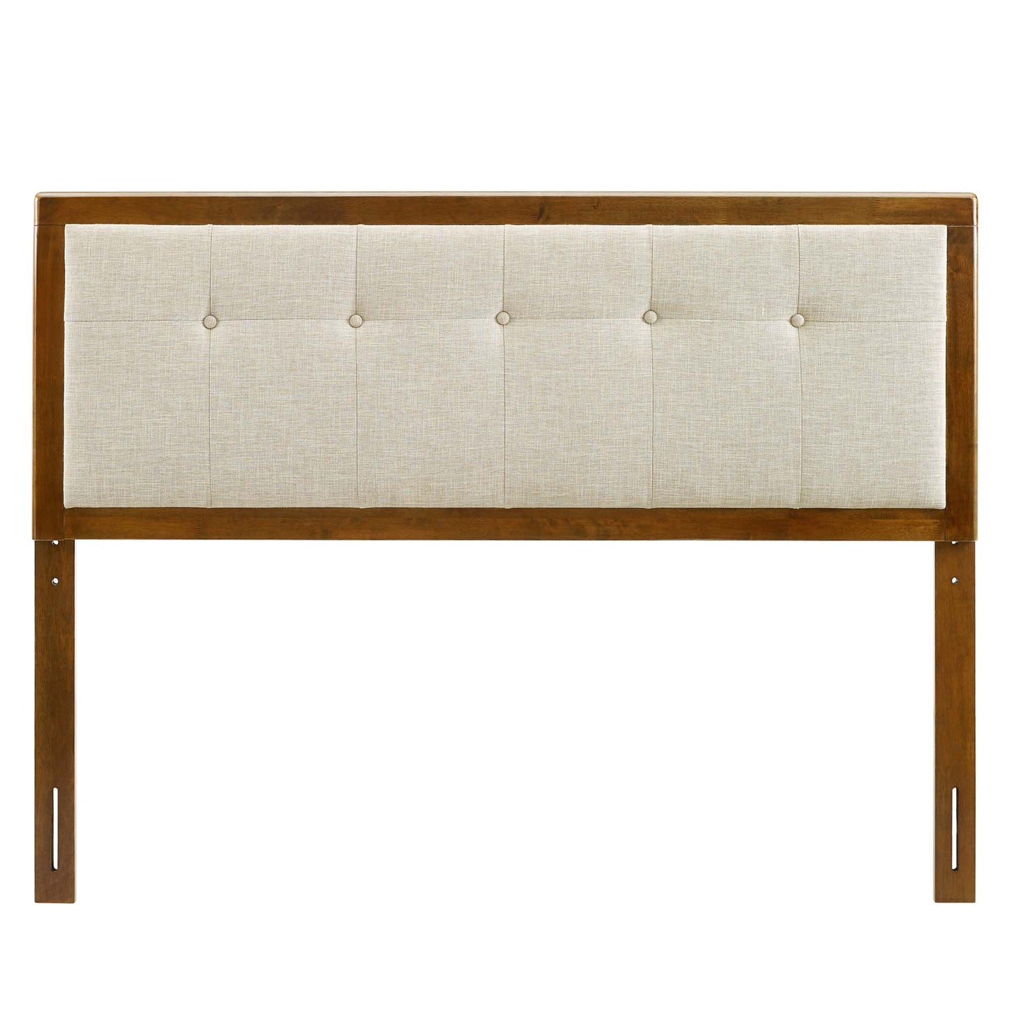Walnut-finish wood headboard with beige tufted fabric panel and tall side posts, mid-century style.