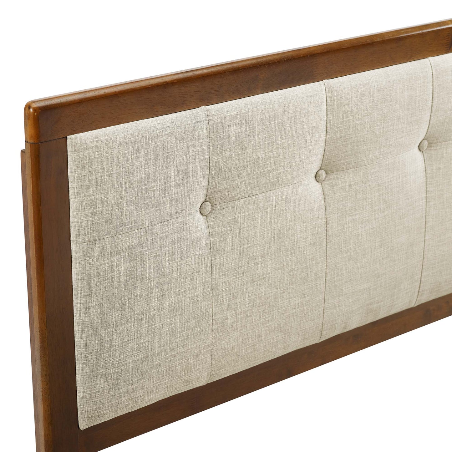 Walnut-finish wooden headboard with beige tufted fabric panels and button accents.