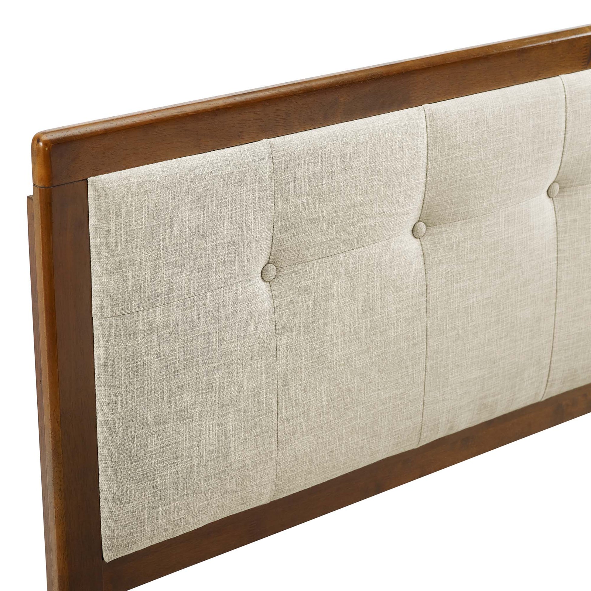 Walnut-finish wooden headboard with beige tufted fabric panels and button accents.