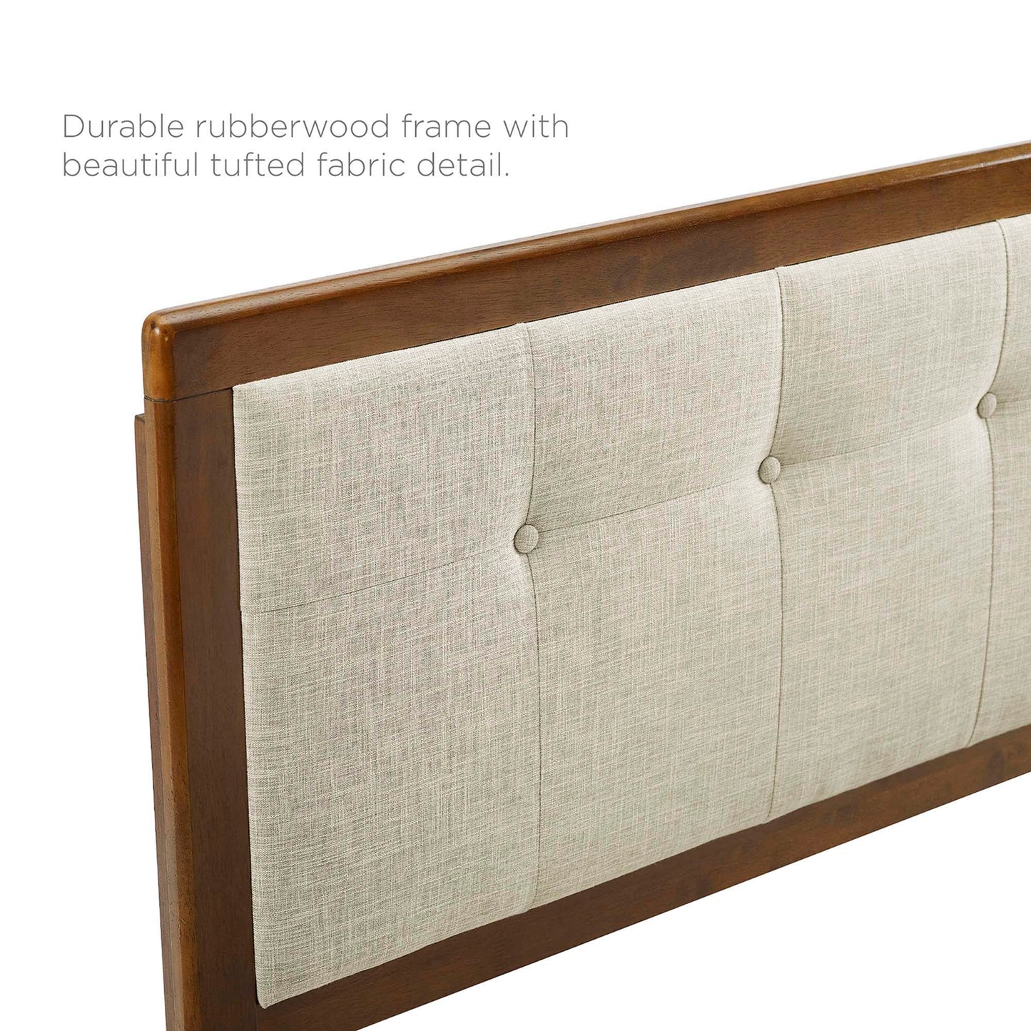Walnut rubberwood frame headboard with beige tufted fabric panel and button accents.