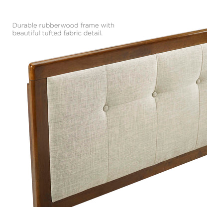 Walnut rubberwood frame headboard with beige tufted fabric panel and button accents.