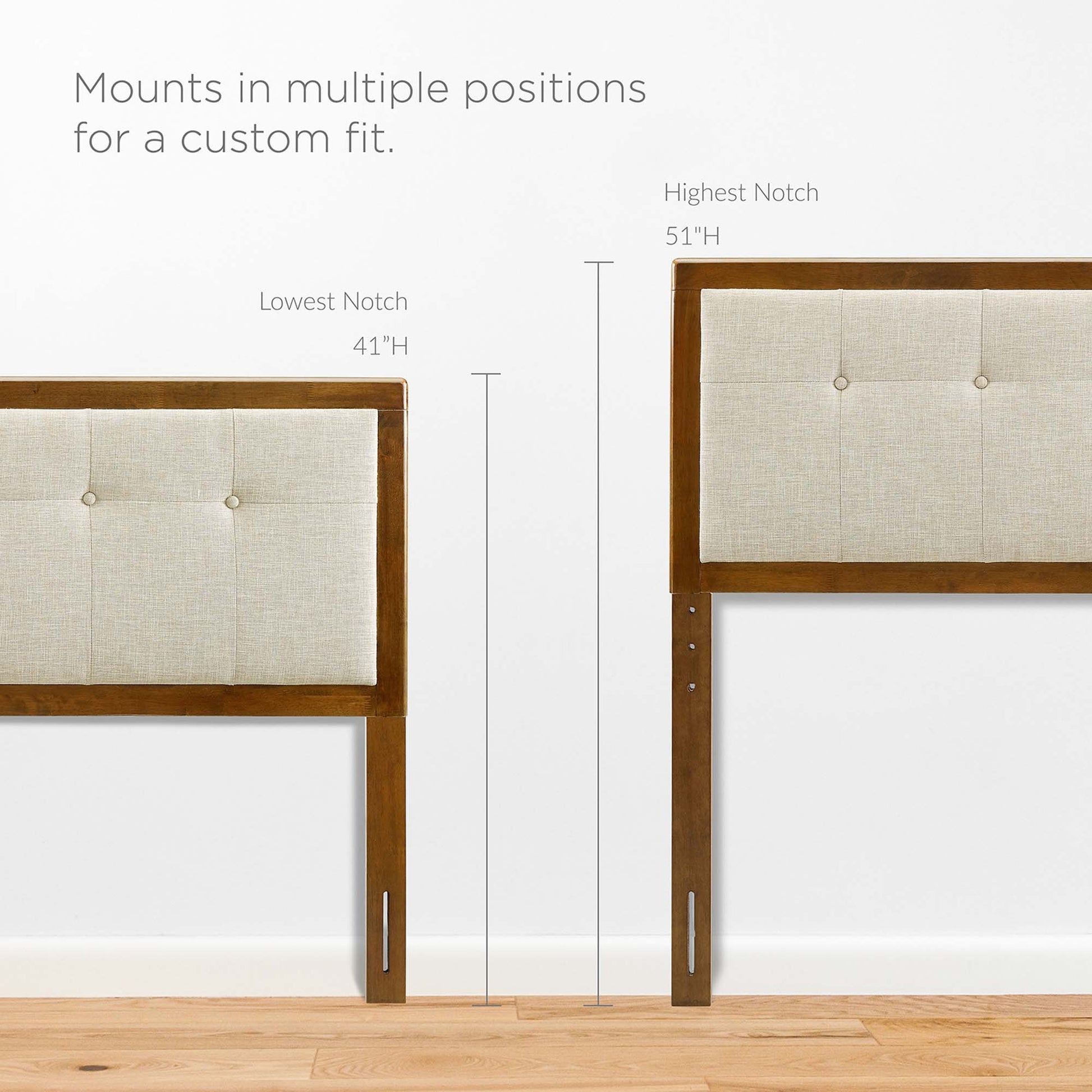 Walnut wood headboard with beige tufted fabric panel; adjustable height from 41 to 51 inches, mid-century style.