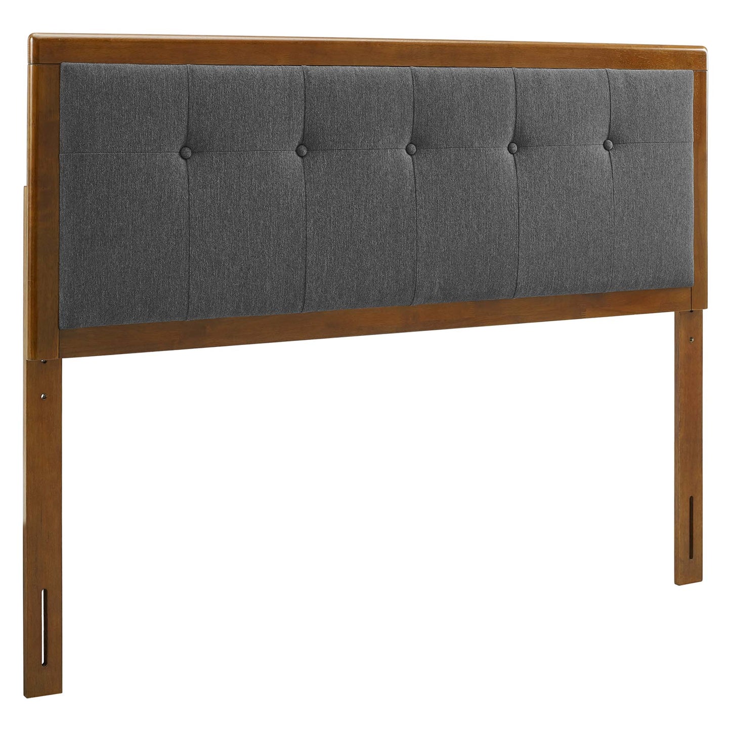 Walnut wood framed headboard with black tufted fabric panel and button accents; king size, mid-century modern style.