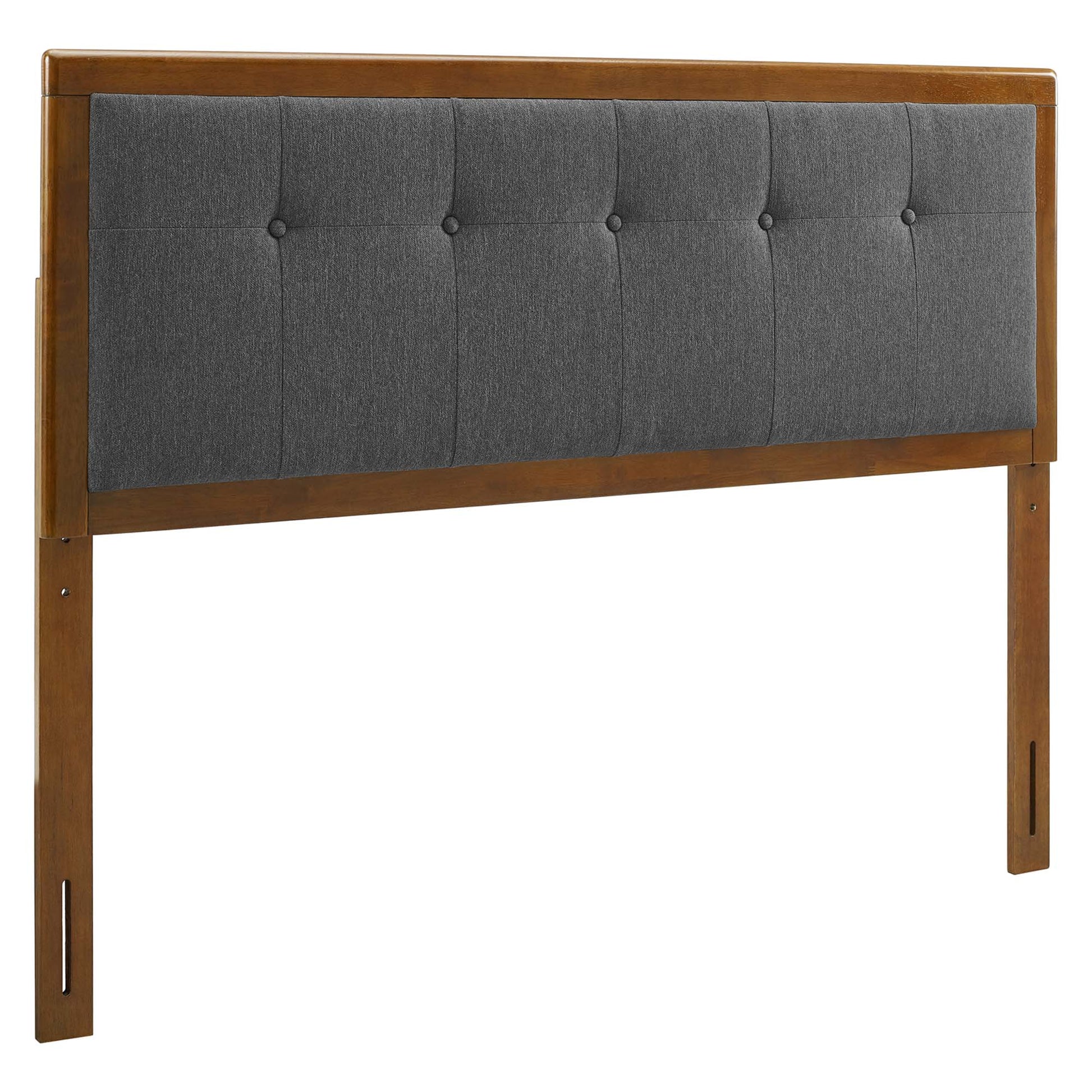 Walnut wood framed headboard with black tufted fabric panel and button accents; king size, mid-century modern style.