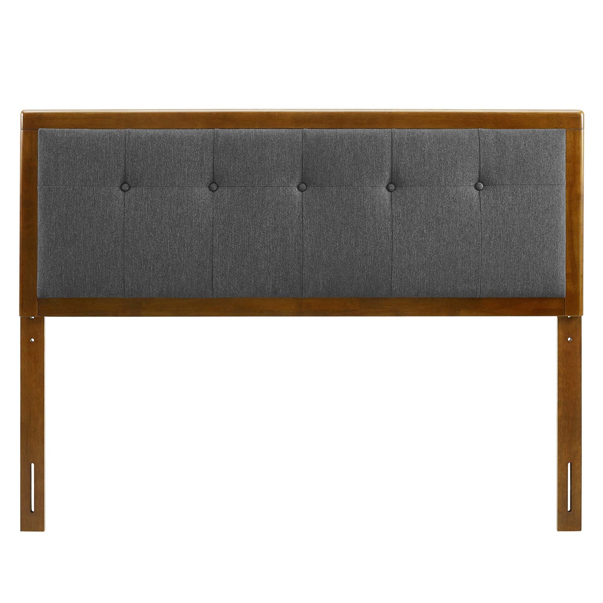 Walnut wood headboard with charcoal gray tufted panel, six-button grid; mid-century modern rectangular frame.