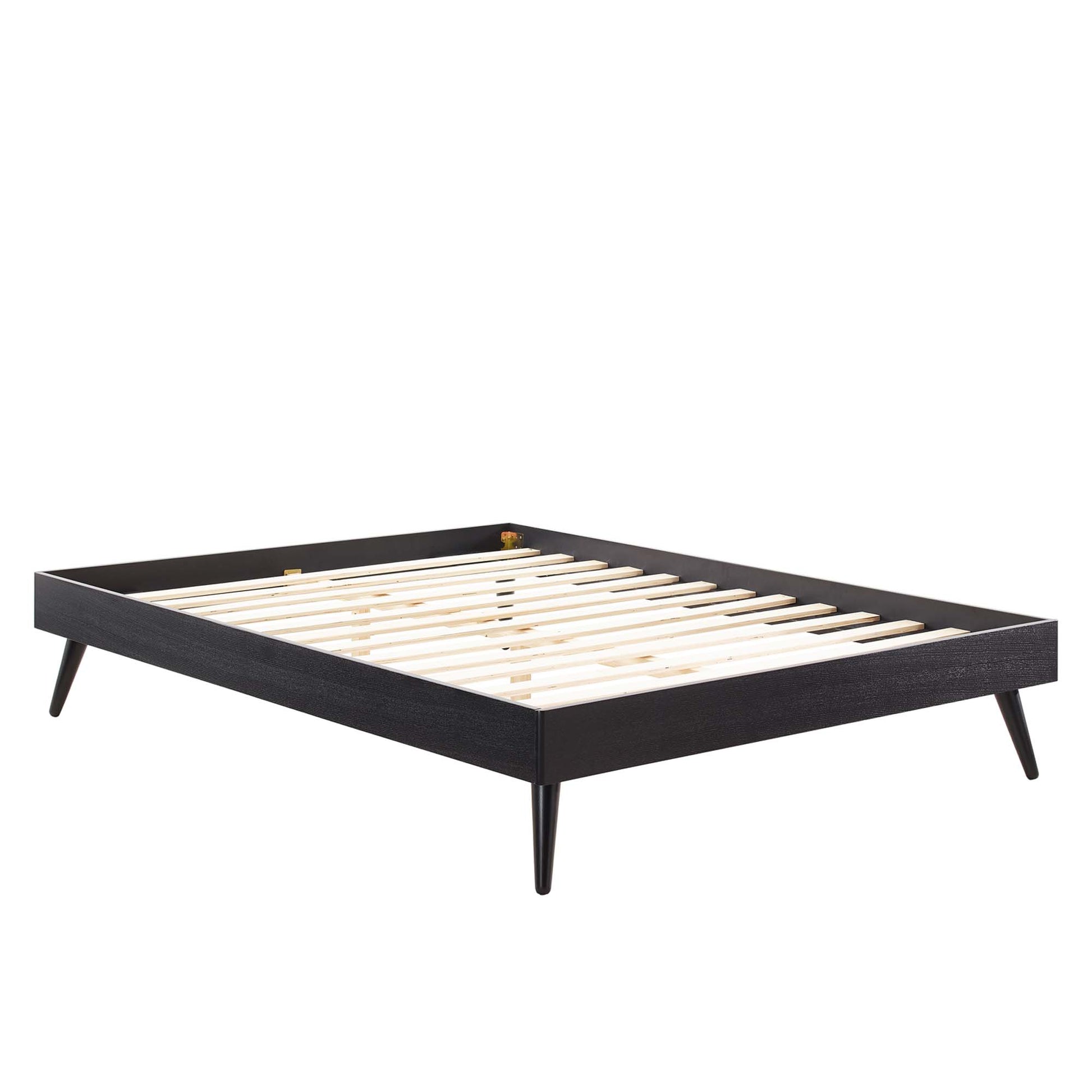 Black low-profile platform bed frame with light wooden slats and tapered legs, modern mid-century style.