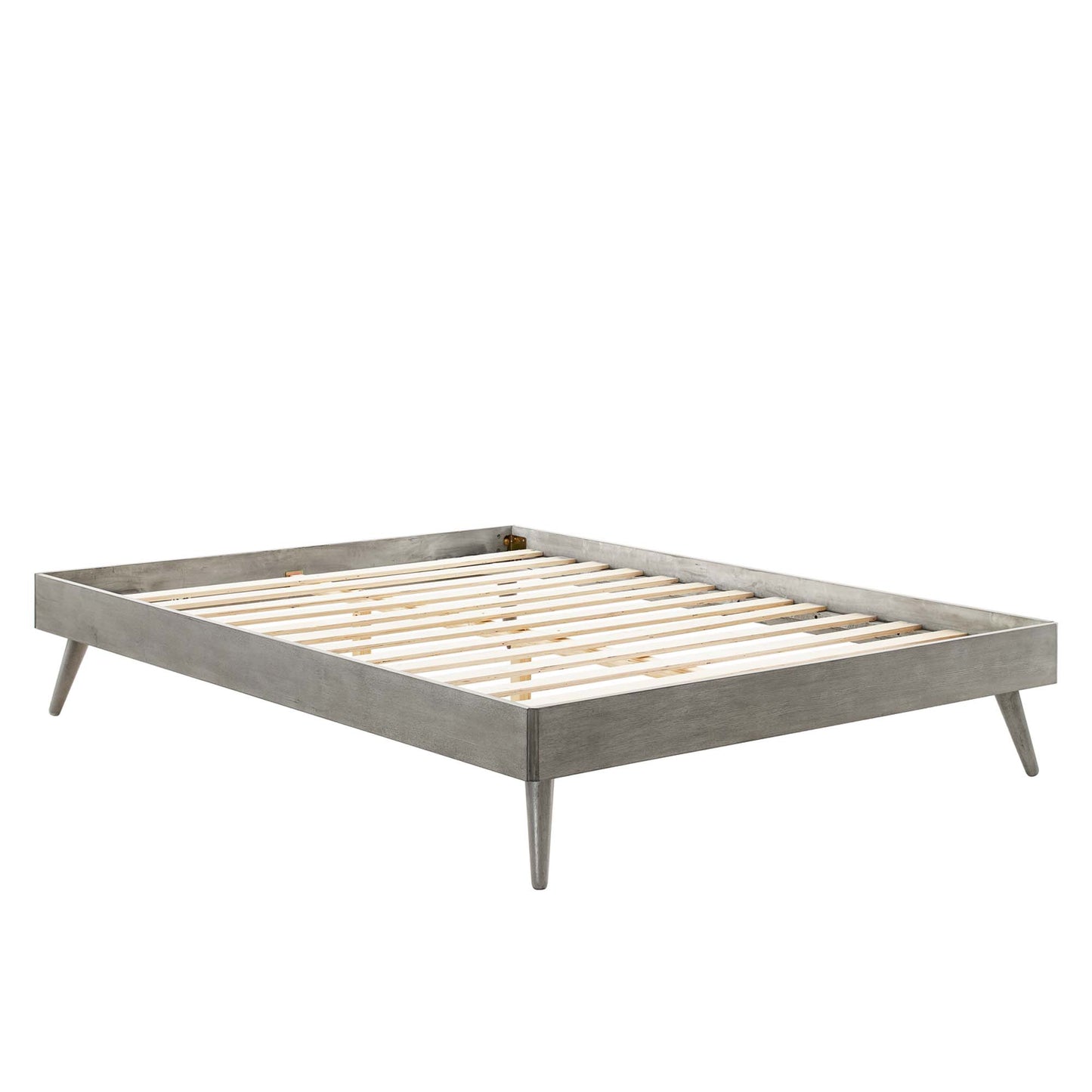 Gray platform bed frame with natural wood slats and tapered legs, low-profile modern design.
