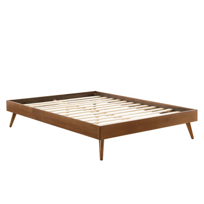 Walnut-finish wooden platform bed frame with slatted base and tapered legs, mid-century style.