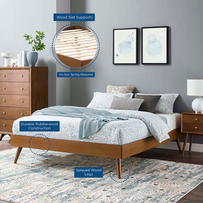 Walnut wood king platform bed frame with slat supports and splayed legs; no box spring needed.