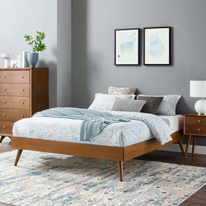 Walnut wood king platform bed frame with tapered legs.