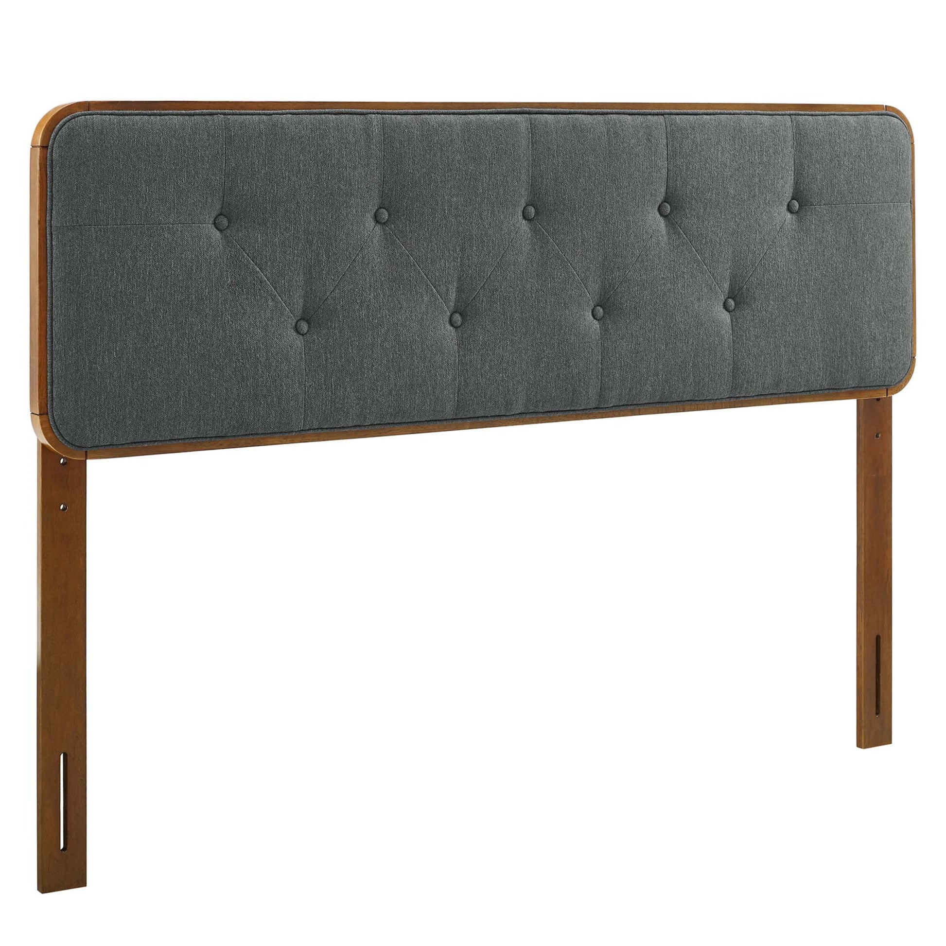 Walnut-finish wood headboard with charcoal tufted fabric panel and rounded frame, supported by vertical legs.