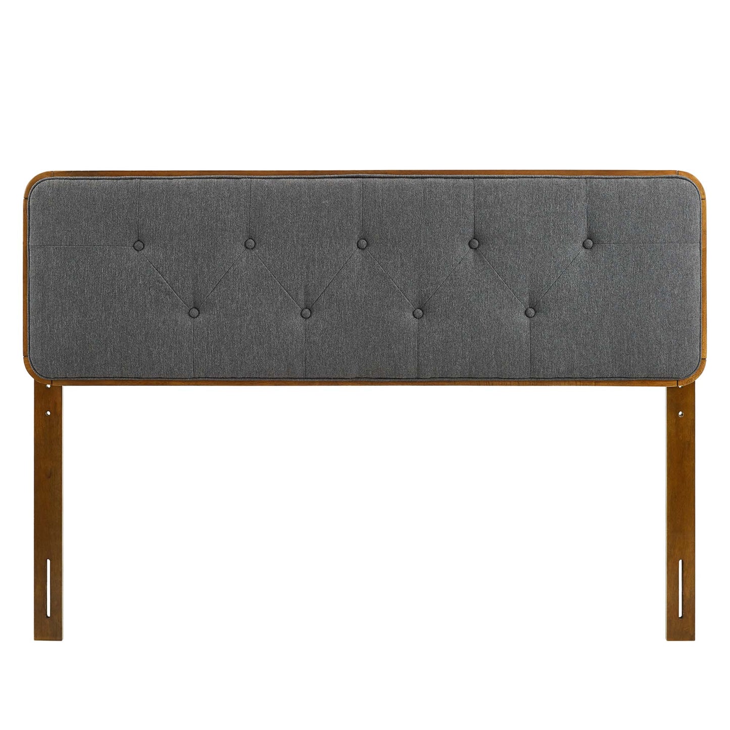 Walnut-finish wood full headboard with charcoal gray tufted upholstery, rounded corners, and sturdy vertical legs.