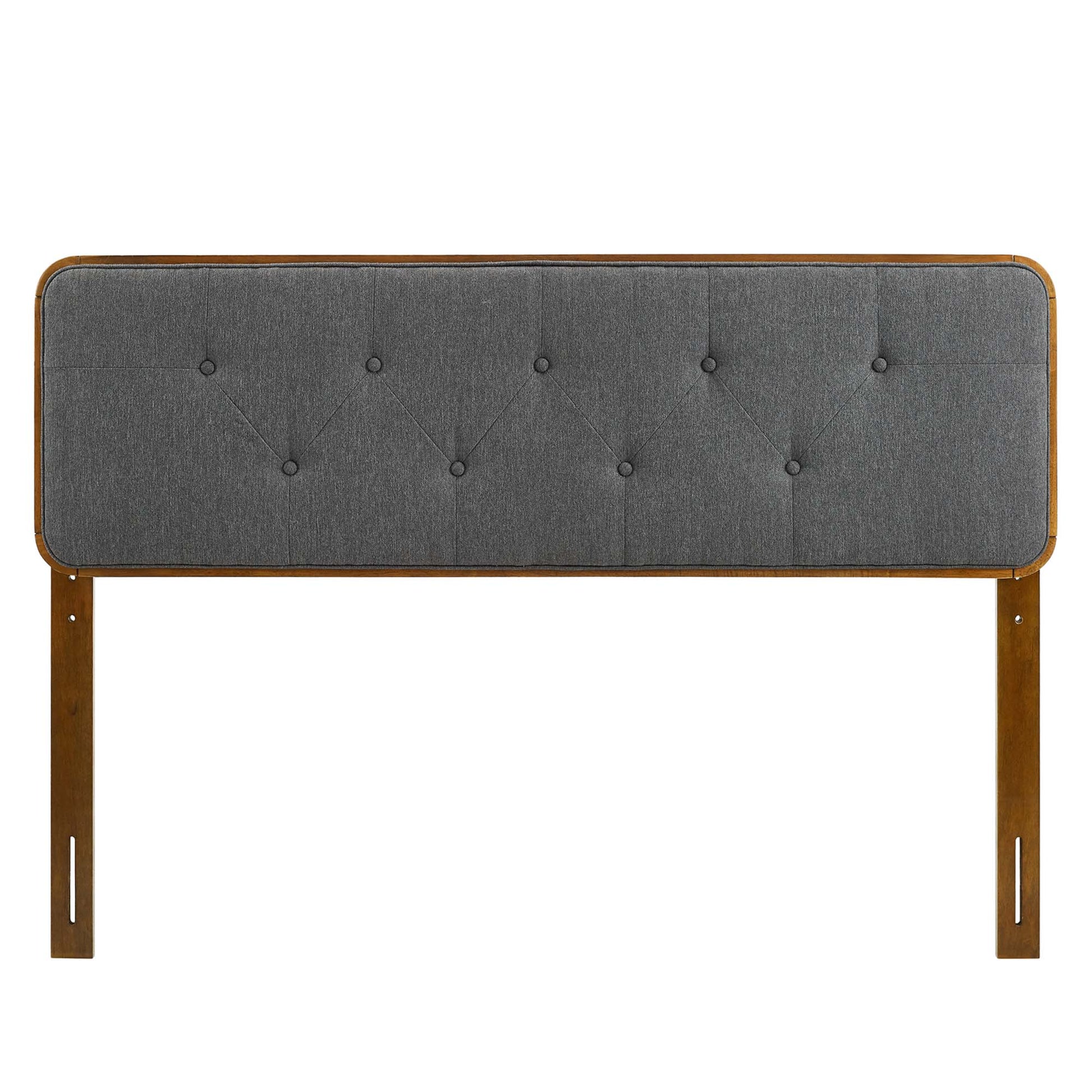 Walnut-finish wood full headboard with charcoal gray tufted upholstery, rounded corners, and sturdy vertical legs.